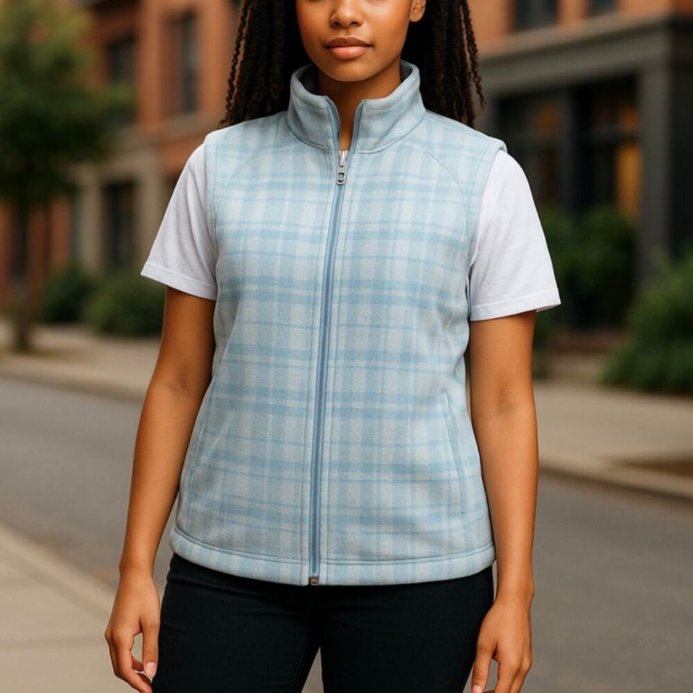 Columbia Women's Blue Plaid Fleece Zip Front Vest